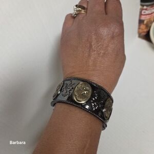 Amedeo Cornelia Wide Band Cameo & Fleur-de-lis Motif Hinged Bracelet